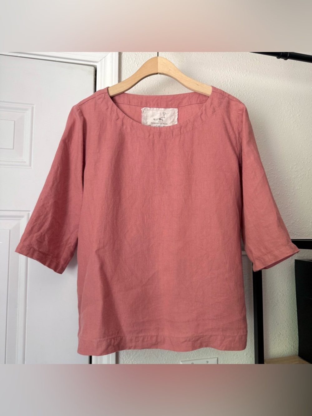 NOTPERFECTLINEN peach clay pink linen boat neck long 3/4 sleeve boxy shirt top